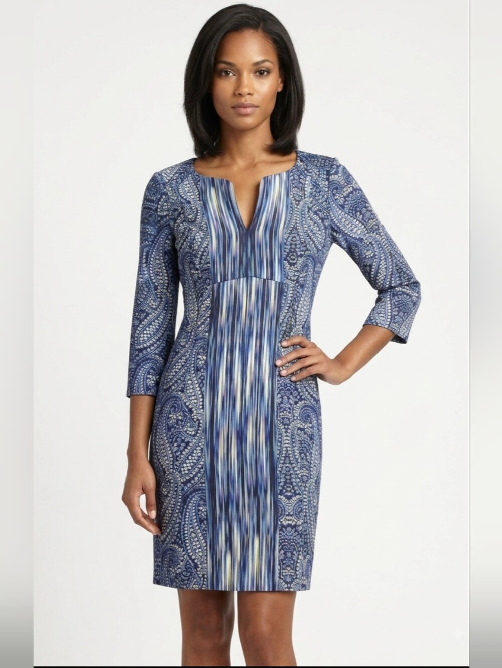 NWT Nanette Lepore Blue Patterned Split-Neck Sheath Dress Size 2 MSRP $395